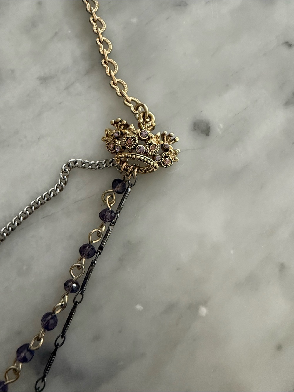 Betsey Johnson Gold and Silver Layered Cat Pendant Necklace with lavender Stones - Picture 4 of 12